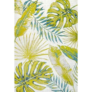 Monstera Ivory/Green 3 ft. x 5 ft. Tropical Leaves Area Rug