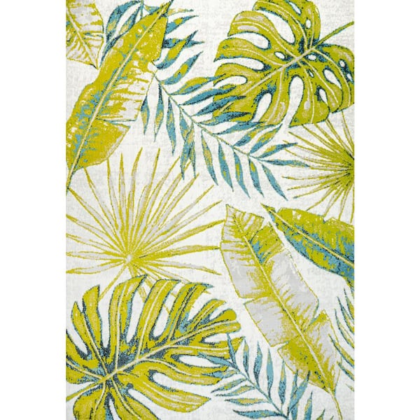 Monstera Ivory/Green 3 ft. x 5 ft. Tropical Leaves Area Rug