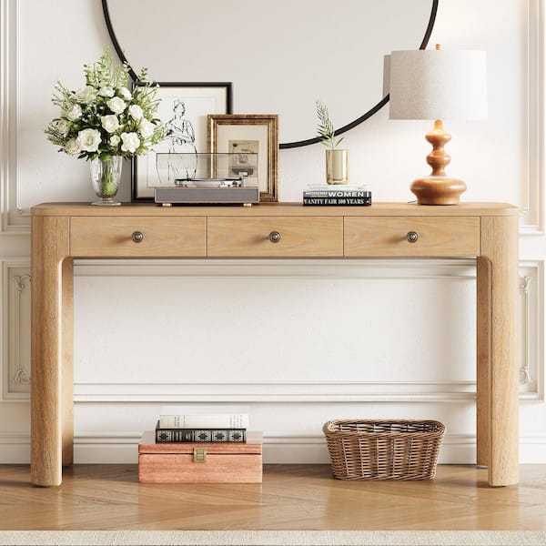 Rustic 52 in. Light Oak Rectangle Wood Console Table with Curved Corners, Entryway Table with 3-Drawers