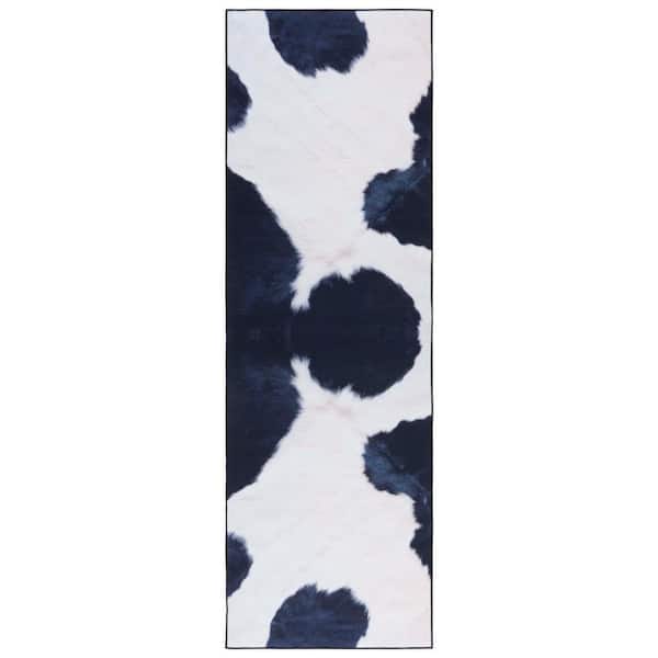 SAFAVIEH Faux Hide Ivory/Dark Blue 3 ft. x 6 ft. Machine Washable Animal Print Runner Rug