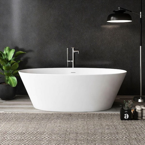 Moray 67 in. x 34 in. Solid Surface Stone Resin Flatbottom Freestanding Bathtub Soaking Bathtub in Matte White