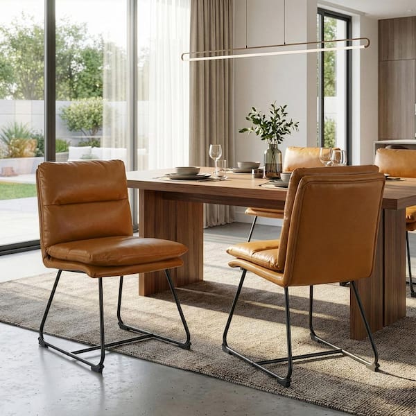 Set of 2 Aulani Light Brown Upholstered Metal Frame Dining Chair with Puffy Cushions