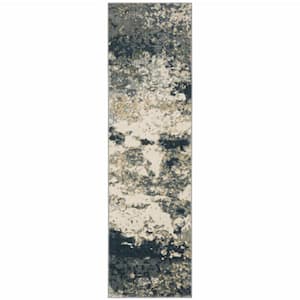 Beige Blue and Sage Abstract 2 ft. x 8 ft. Power Loom Stain Resistant Runner Rug