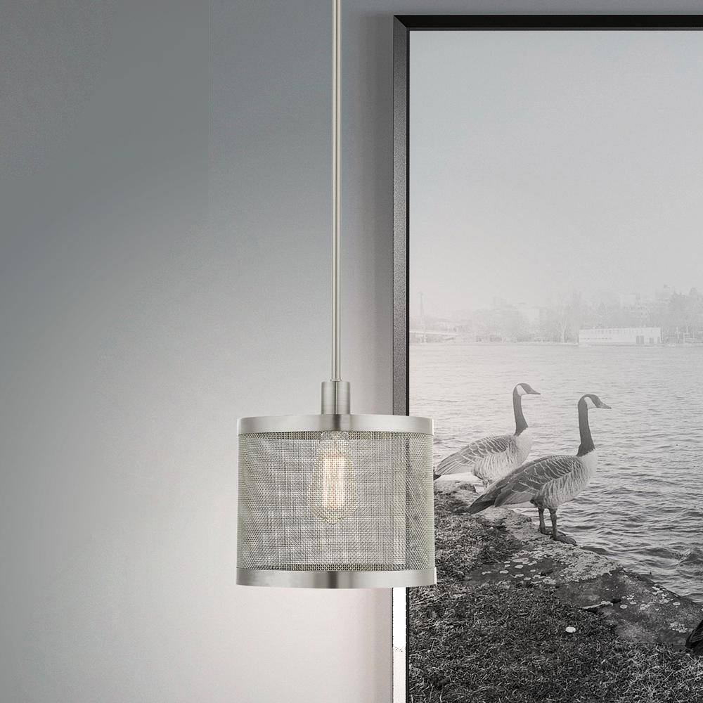 Brushed Nickel Mesh Drum Pendant with Crystal Accents