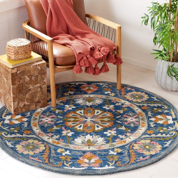 Aspen 5 ft. x 5 ft. Blue/Green Garden Border Round Area Rug