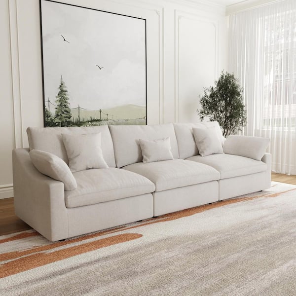 J&E Home 119.29 in. Slope Arm 3-Piece Rectangle Linen Modern Oversize Sectional Sofa Couch in Beige
