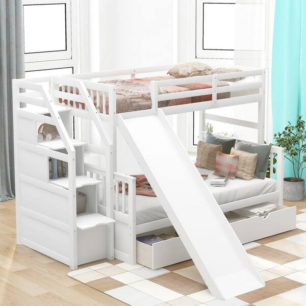 Solid Wood Bunk Bed Stairs MERITLINE Twin Over Full Bunk Bed With ...