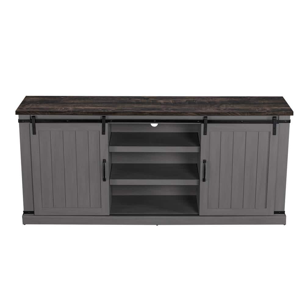 Gray Sliding Barn-Door TV Stand with Adjustable Shelves