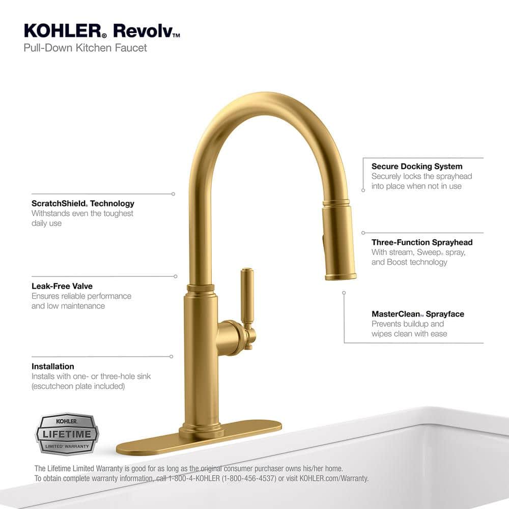 Revolv Single Handle Pull Down Sprayer Kitchen Faucet in Vibrant Brushed Moderne Brass