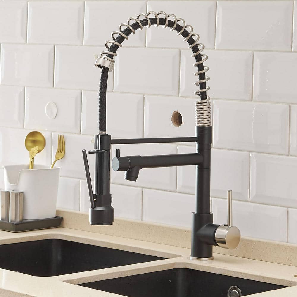 Single Handle Pull Down Sprayer Kitchen Faucet with Advanced Spray Brass Kitchen Sink Taps in Matte Black&Brushed Nickel -  AIMADI, KI-0027-MB&BN