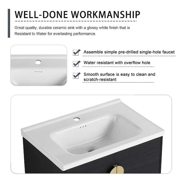 27.80 in. W Floating Wall-Mounted Bath Vanity in Black with White Ceramic Top