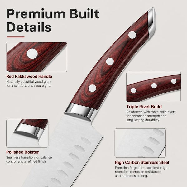 Numhew 5-Piece Stainless Steel Japanese Knife Set with Elegant Red