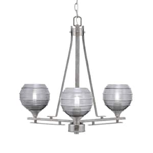 Ontario 19.25 in. 3-Light Aged Silver Geometric Chandelier for Dinning Room with Smoke Ribbed Shades, No Bulbs Included