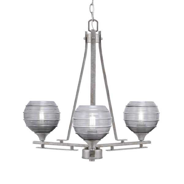 Unbranded Ontario 19.25 in. 3-Light Aged Silver Geometric Chandelier for Dinning Room with Smoke Ribbed Shades, No Bulbs Included