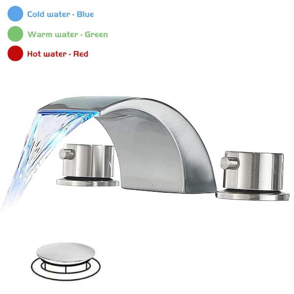 BWE 8 in. Widespread 2-Handle Bathroom Faucet With Led Light And Pop Up Drain in Brushed Nickel