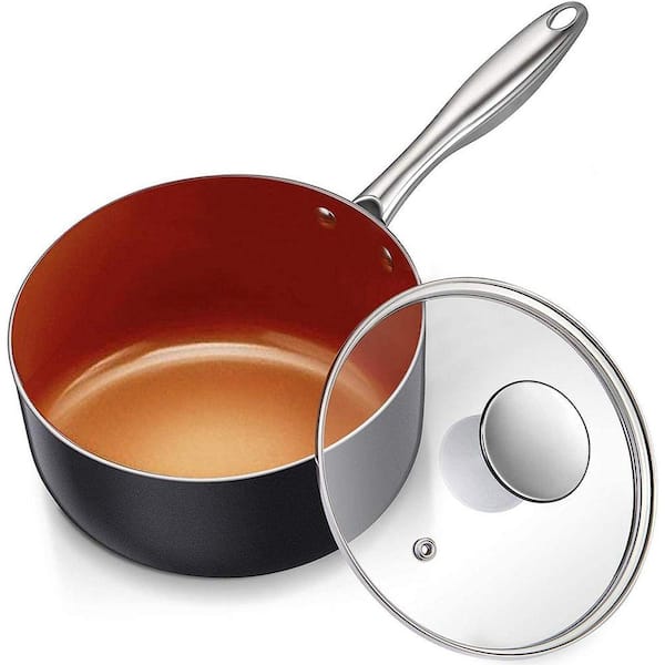 2-Piece Gray Ceramic Nonstick Saucepan with Steamer and Glass Lid, Aluminum Base, Ergonomic Handle, Set