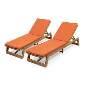 Maki Teak Brown 2-Piece Wood Outdoor Patio Chaise Lounge with Rust Orange Cushions