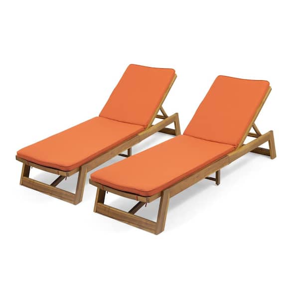 Maki Teak Brown 2-Piece Wood Outdoor Patio Chaise Lounge with Rust Orange Cushions