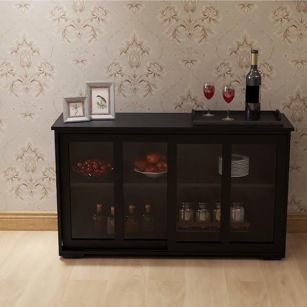Qualler Black Kitchen Storage Stand Cupboard With Glass Door