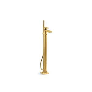 Parallel Floor-Mount Single Handle Bath Filler Trim With Handheld Shower Head in Vibrant Brushed Moderne Brass