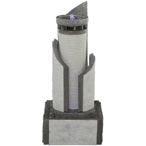 Light Gray Indoor and Outdoor 2-Tier Geometric Waterfall Fountain with LED Light