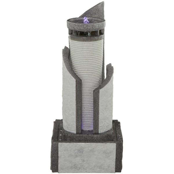 Litton Lane Light Gray Indoor and Outdoor 2-Tier Geometric Waterfall Fountain with LED Light