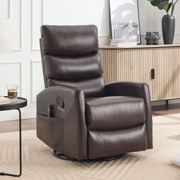 Brown Faux Leather Swivel Rocker Manual Recliner with Heat and Massage