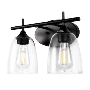 Farmhouse Vintage 13 in. 2-Light Matte Black Vanity Light with Clear Glass Shades