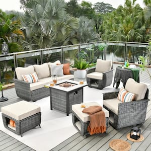 Fortune Dark Gray 6-Piece Wicker Outdoor Patio Fire Pit Conversation Seating Set with Beige Cushions