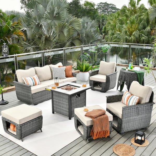 OVIOS Fortune Dark Gray 6-Piece Wicker Outdoor Patio Fire Pit Conversation Seating Set with Beige Cushions