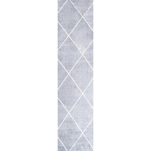 Cole Minimalist Diamond Trellis Light Gray/White 2 ft. x 10 ft. Area Rug