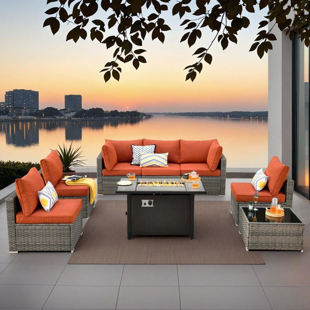 Sanibel Gray 8-Piece Wicker Patio Conversation Sofa Sectional Set with a Metal Fire Pit and Orange Red Cushions
