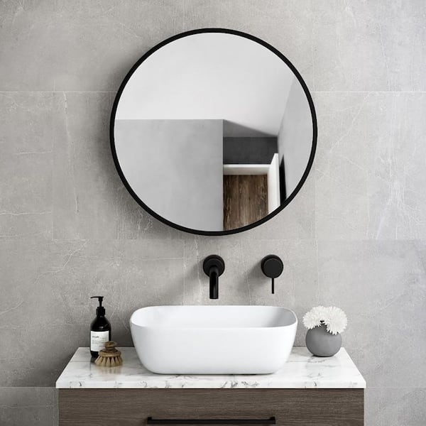 FAMYYT 26 in. W x 26 in. H Round Black Metal Framed Surface Medicine Cabinet with Mirror