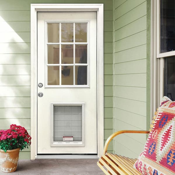 32 in. x 80 in. Reliant Series Clear 9-Lite RHIS White Primed Fiberglass Prehung Front Door with Extra Large Pet Door
