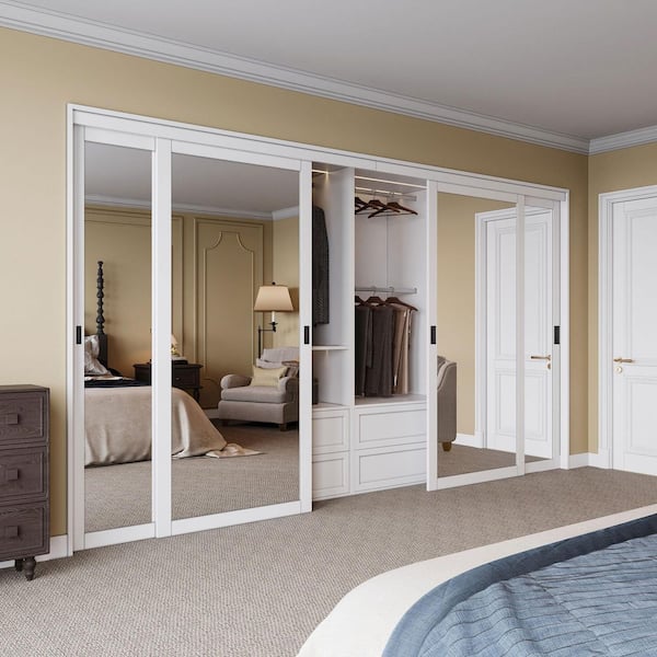 144 in. x 80 in. Solid Core 1-Lite Mirror White Primed MDF Interior Closet Sliding Door with Hardware