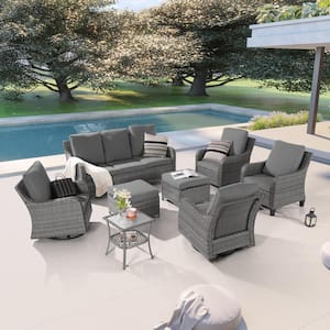 8-Piece Patio Conversation Sofa Set Gray Wicker with Swivel Rocking Chair and Side Table, Gray