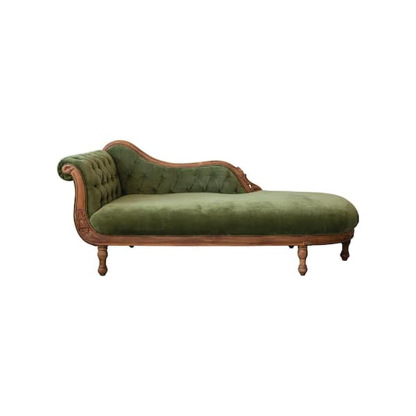 Walnut Finish Cotton Velvet Upholstered Carved Wood Frame Chaise Lounge
