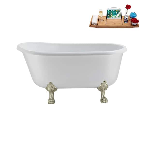 Streamline 57 in. Acrylic Clawfoot Non-Whirlpool Bathtub in Glossy White with Brushed GunMetal Drain and Brushed Nickel Clawfeet