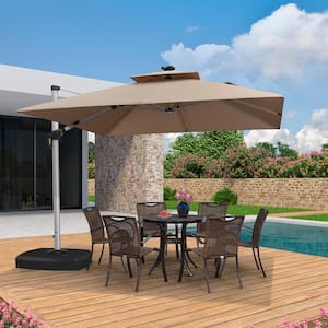 10 ft. Square Aluminum Solar Powered LED Patio Cantilever Offset Umbrella with Wheels Base, Beige