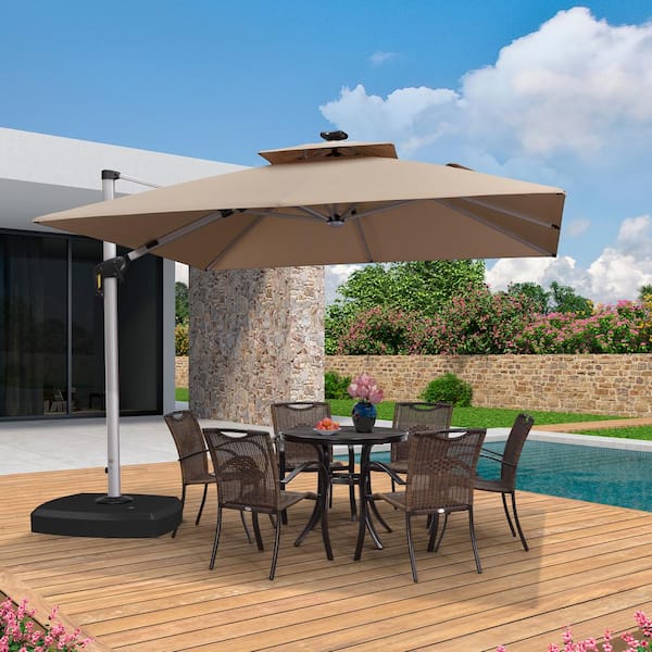 PURPLE LEAF 10 ft. Square Aluminum Solar Powered LED Patio Cantilever Offset Umbrella with Wheels Base, Beige