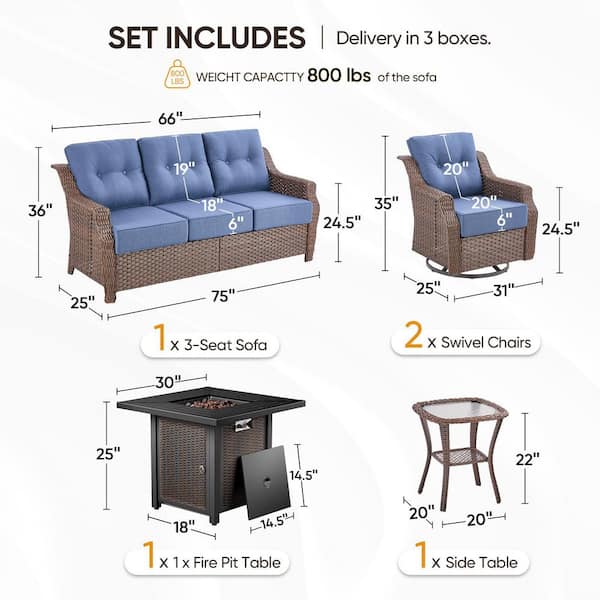 Modern Farmhouse 5-Piece Brown Wicker Patio Conversation Set with 6 in. Blue Cushions and Square Metal Fire Pit