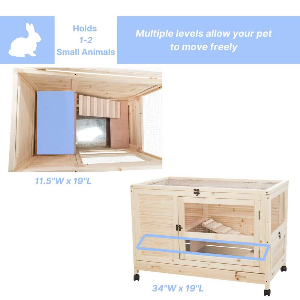 Natural Wood Indoor Hutch for Small Pets with Lockable Wheels