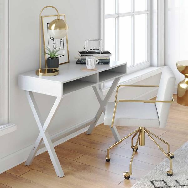 Nathan James 40 in. Rectangular White Writing Desk with Built-In Storage