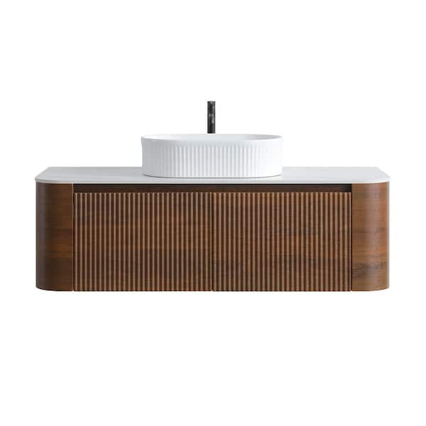 48-Inch Wall-Mounted Bathroom Vanity with Sink, Walnut Cabinet, Single White Ceramic Basin, Towel Rack Included