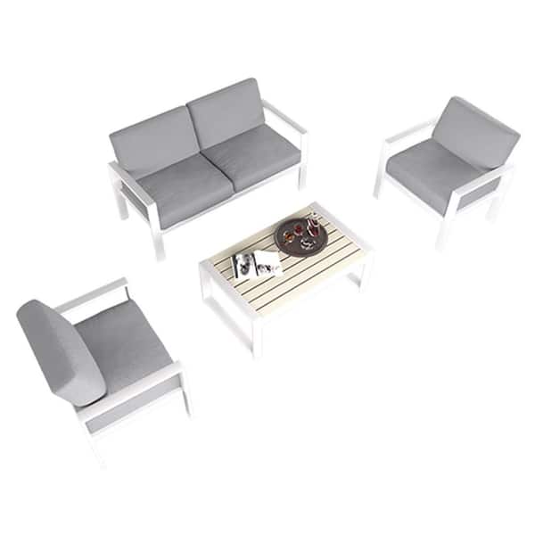 GARSING 4-Piece Metal Patio Conversation Seating Set with Cushions in White