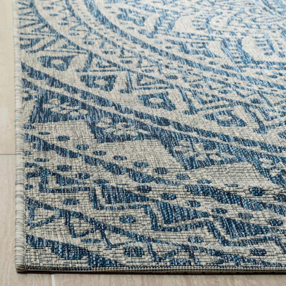 Light Grey and Blue Synthetic Square Indoor/Outdoor Area Rug