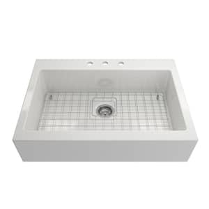 Nuova White Fireclay 34 in. Single Bowl Drop-In Apron Front Kitchen Sink withProtective Grid, Strainer, & Cutting Board