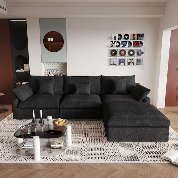 119 in. Square Arm Linen 4-Piece Free Combination Comfy Couch Cloud Modular Sectional Sofa with Storage Ottoman in Black