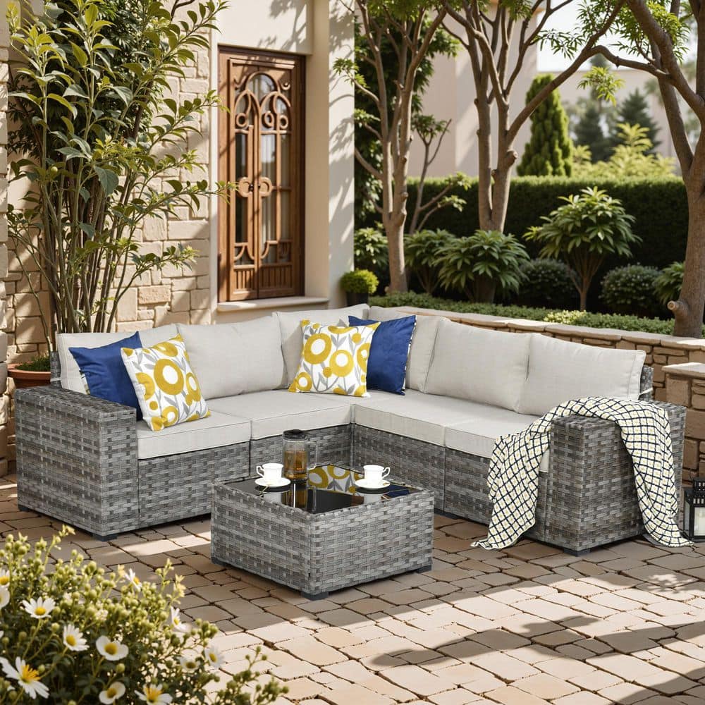 Baldwin Gray 6-Piece Wicker Wide Arm Outdoor Patio Conversation Sofa Sectional Seating Set with Beige Cushions price history on PriceWatchPro