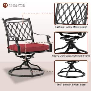 3-Piece Cast Aluminum Outdoor Dining Set with Round Tile-Top Table Diamond-Mesh Backrest Swivel Chairs & Red Cushions